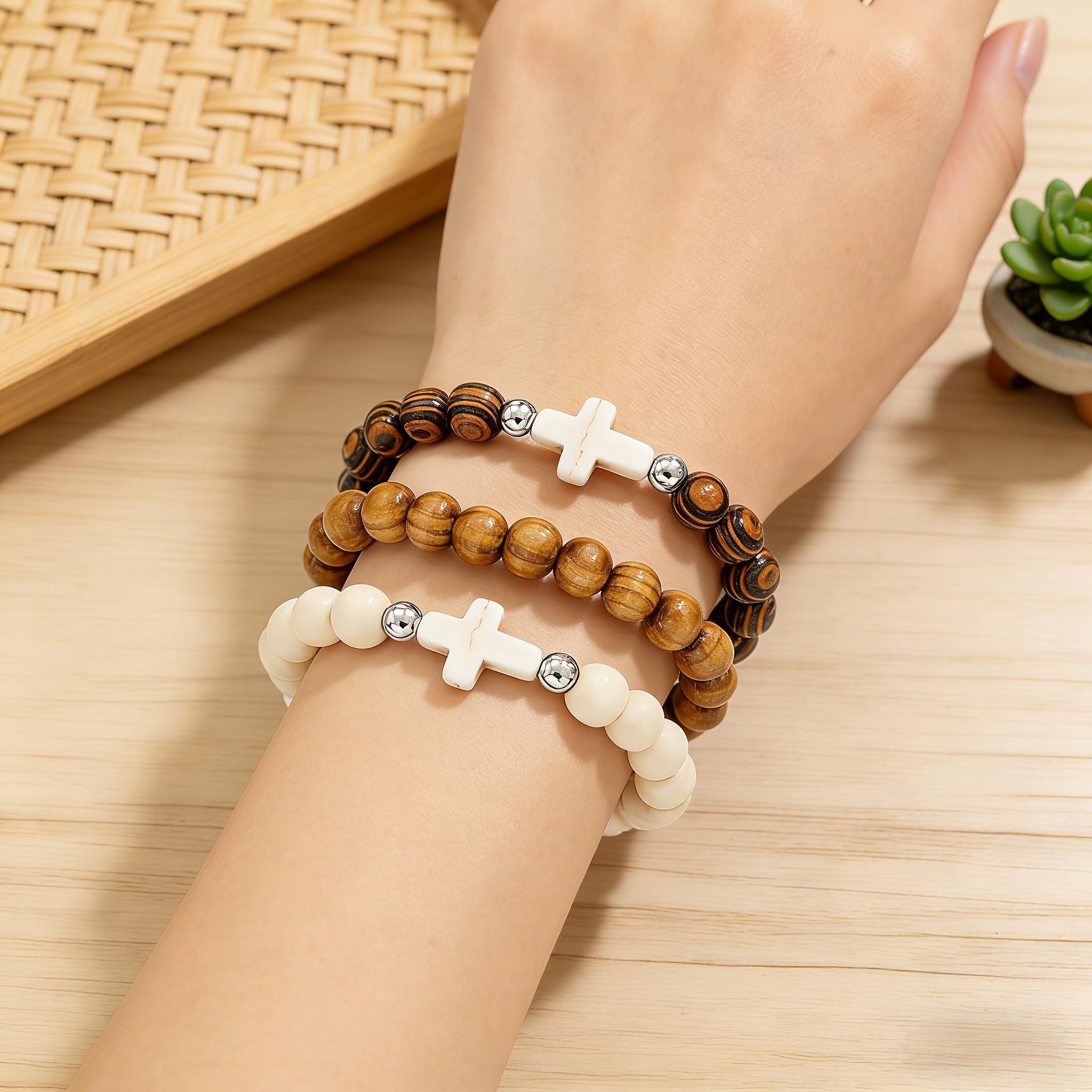 Random 12pcs Ethnic Style Wooden Bead Bracelet Set, Unisex